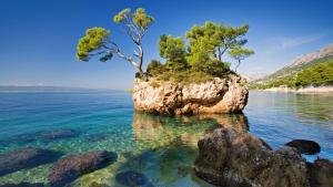 een klein eilandje in het water met bomen erop bij Villa King Apartments in Brela +18 foto's