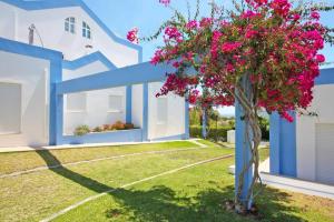 a blue and white house with a tree with pink flowers at CASA ALFARROBA, QUINTA DO PEROGIL, TAVIRA, ALGARVE in Tavira