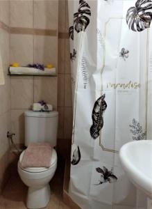 ein Badezimmer mit Toilette und Duschvorhang mit Schmetterlingen in der Unterkunft Afrodite Lefkimmi Apartment 1 in Lefkímmi