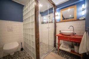 a bathroom with a shower and a toilet and a sink at Altstadtzimmer in Laufenburg