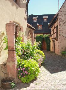 um beco com um ramo de flores em frente a um edifício em Les Gîtes Coeur de Vigne em Riquewihr