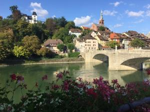 a bridge over a river in a town at Altstadtzimmer in Laufenburg
