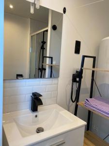 een badkamer met een wastafel en een spiegel bij Capstay Color Valenciennes & Netflix in Saint-Léger