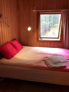 1 dormitorio con cama con almohada roja y ventana en Beautiful 3 Bed Cottage in Ytteroy with seaview, en Ytteroy