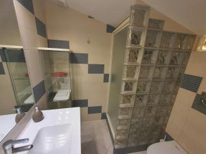 een badkamer met een wastafel, een toilet en een douche bij LA GHIBELLINA. confortevole,posizione privilegiata in Siena