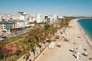 una vista aérea de una playa con palmeras y edificios en ERDEM HOTEL, en Antalya