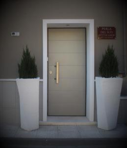 una puerta delantera de un edificio con dos macetas en Perla del sud, en Sava