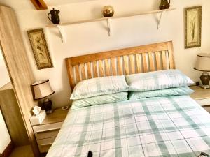 a bedroom with a bed with a plaid blanket and two lamps at Meander in Penzance