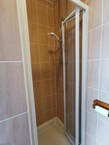 a bathroom with a shower with a glass door at Whitehouse Guest House in Stirling +14 photos