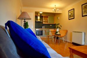 una sala de estar con almohadas azules en un sofá en 2 Bedroom Apartment Beside Merrion Square, en Dublín