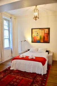 パリにある1 Bedroom Apartment in the Heart of the Marais areaのベッドルーム1室(赤い敷物付きの大型ベッド1台付)