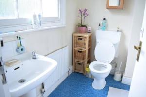 Łazienka z białą toaletą i umywalką w obiekcie Lovely Victorian Flat for 6 in Stoke Newington w Londynie