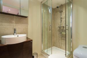 uma casa de banho com um chuveiro, um lavatório e um WC. em Modern 1 bed Flat in Knightsbridge em Londres