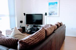 a living room with a couch and a television at Modern Apartment in Edinburgh in Edinburgh