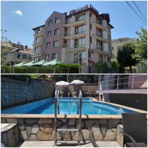 um hotel com piscina em frente a um edifício em Family hotel Favourite em Obzor