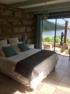 a bedroom with a large bed and a large window at Cycad Rock Fishing Lodge in Jozini