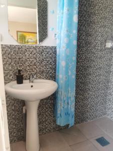 a bathroom with a sink and a shower curtain at casa la meduza in Vama Veche