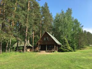 a large wooden cabin in the middle of a field at Kaimo Turizmo Sodyba Šniūrai in Mindūnai