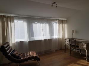 布魯塞爾的住宿－MAISON DES FLEURS，一间房间,在窗户旁配有一张桌子和一把椅子