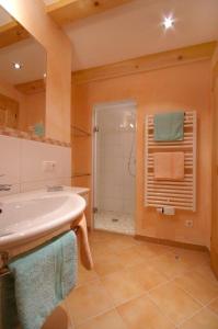 La salle de bains est pourvue d'un lavabo et d'une douche. dans l'établissement Neuhaushof, à Hollersbach im Pinzgau