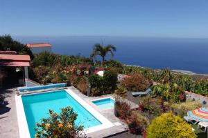 a swimming pool in a garden with the ocean in the background at Apartamentos Finca Casa Jardín in Tijarafe