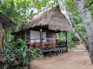 Cabaña pequeña con banco y techo de paja en Tambopata River en Puerto Maldonado