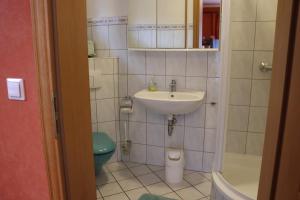 ein kleines Badezimmer mit Waschbecken und Toilette in der Unterkunft Haus Marcus in Kolkwitz + 26 Fotos