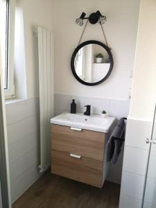 a bathroom with a sink and a mirror at LouVi in Kehl am Rhein
