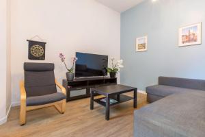 - un salon avec un canapé, une chaise et une télévision dans l'établissement Le Flamand, jeux en bois déco du nord!, à Tourcoing