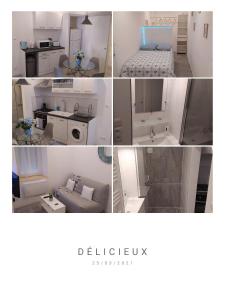 eine Collage mit vier Bildern eines weißen Zimmers in der Unterkunft LAN'ApparT in Morez