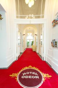 ウィーンにあるSelf Check-in Hotel Odeonのホテルの廊下の赤い絨毯