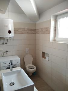ein Badezimmer mit einem weißen Waschbecken und einem WC in der Unterkunft Gecko Apartment in Rijeka