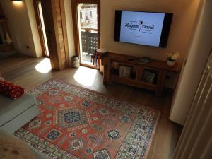 a living room with a television and a rug at MAISON DAVID - da Nonno Carlo 0034 in Cogne