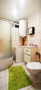 baño con aseo y alfombra verde en Солнечное настроение, en Vínnytsia 6 fotos más