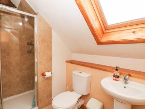 ein Badezimmer mit Toilette, Waschbecken und Dusche in der Unterkunft Bugaboo Cottage in Weem + 21 Fotos