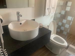 a bathroom with a sink and a toilet at Motel Pedregal Suites in San Juan del Río