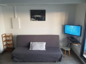 um quarto com uma cama com uma almofada e uma televisão em CHILL SPOT avec vue sur lagon - with a lagoon view SXM em Marigot