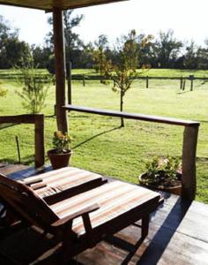 
a wooden bench sitting on top of a lush green field at Lazy River Boutique Bed & Breakfast in Pinjarra
