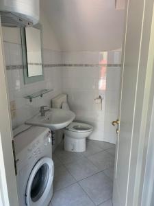 bagno con lavandino e servizi igienici e lavatrice. di Residence Capo Nord ad Aprilia Marittima