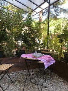 a table with a pink blanket on it in a garden at Matin de Saône in Fontaines-Saint-Martin