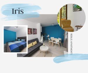 Pokój z niebieskimi ścianami, łóżkiem i stołem w obiekcie Rebus Apartments w mieście Sandanski