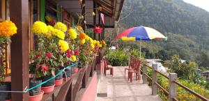 a balcony with flowers and an umbrella on a building at Vamoose Rigzen in Pedong