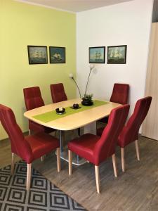einen Konferenzraum mit einem Tisch und roten Stühlen in der Unterkunft Ferienwohnung direkt am Ryck- Nähe UNI und Kliniken in Greifswald