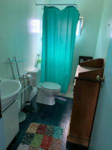 a bathroom with a toilet and a blue shower curtain at Casa Glória in Ribeiradio