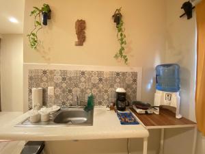 a kitchen counter with a sink and a coffee maker at Aj Mun, Hotel Real Maya 3 in Valladolid