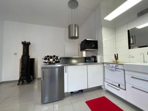 a large kitchen with white cabinets and a red rug at apartment11 in Ulm