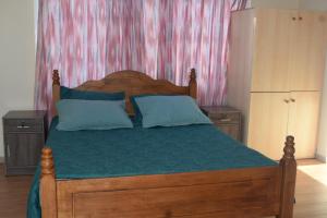a bedroom with a wooden bed with blue pillows at MERSINERA PARADISE GARDEN STARS HOUSE in Larnaka