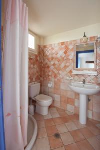 a bathroom with a toilet and a sink and a shower at Chiliadromia Studios in Alonnisos Old Town