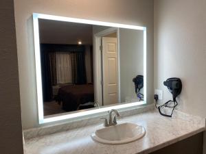 a bathroom with a sink and a large mirror at Ozark Inn & Suites in Ozark +53 photos