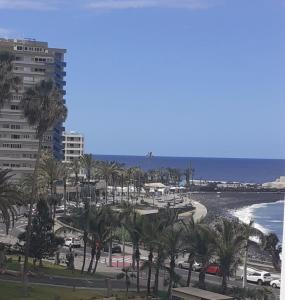 a view of a beach with palm trees and buildings at Charming Holidays in Martiánez Beach in Puerto de la Cruz